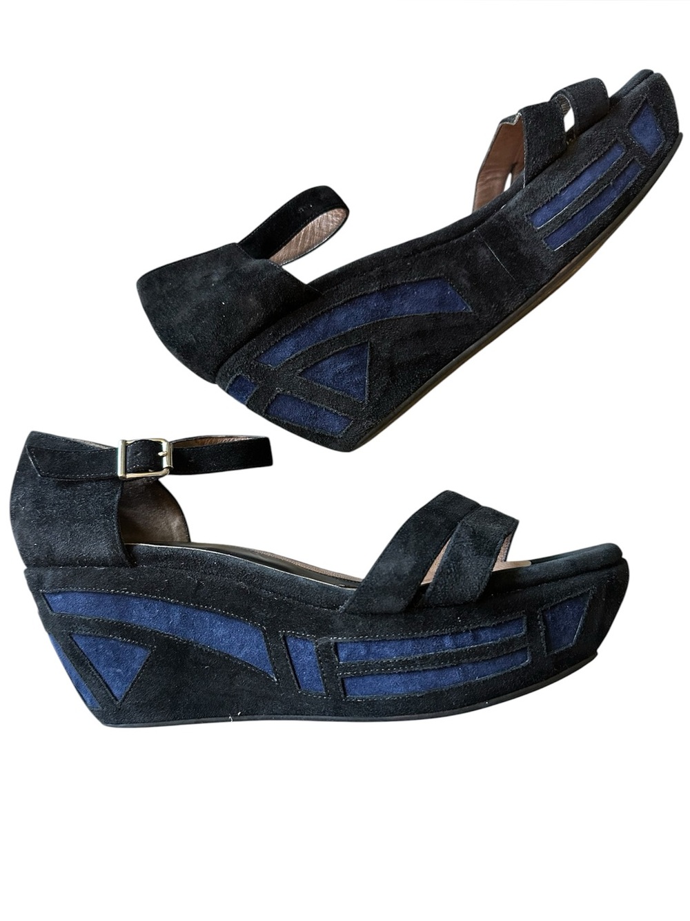 Marni Black and Blue Suede Geometric Platform Cutout - Ankle Strap Made in Italy